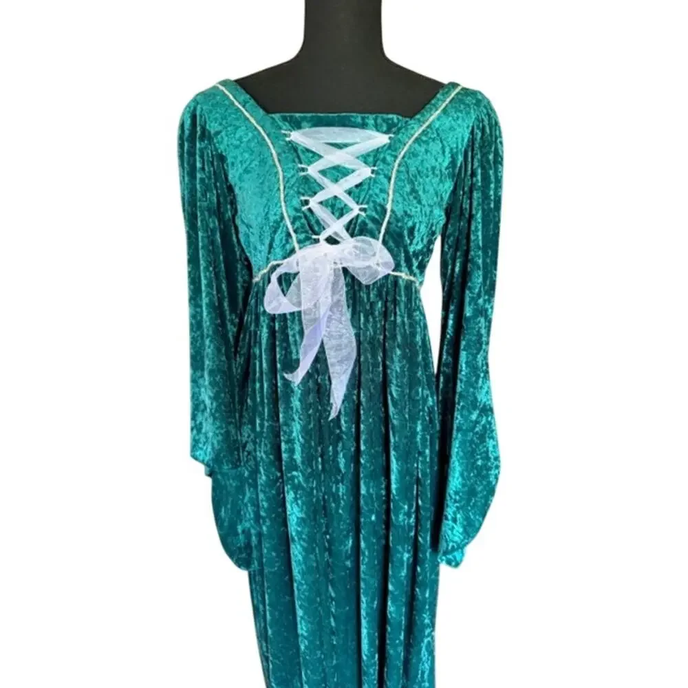 Handmade Renaissance Medieval Style Green Velvet Costume Dress Lace-Up Maxi